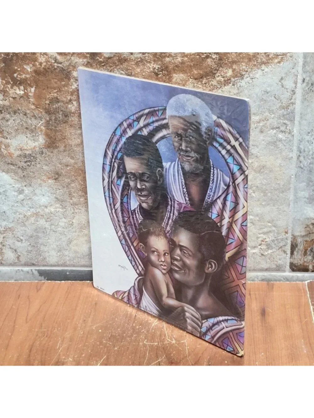 Vintage Unframed Four Generations Men Baby Art Print 1995 Signed Mira Pio